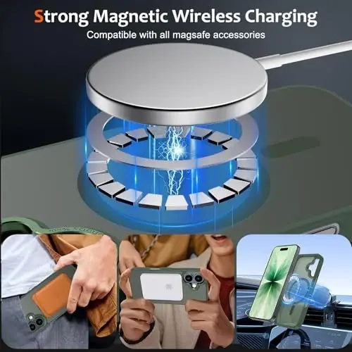 Anuck iPhone 17 uchun g'ilof, MagSafe bilan mos keladigan magnitli g'ilof, yumshoq TPU bamperli, qattiq shaffof mat orqa tomonli, ingichka, zarbaga chidamli himoya g'ilofi, erkaklar, ayollar va qizlar uchun - To'q yashil - 2