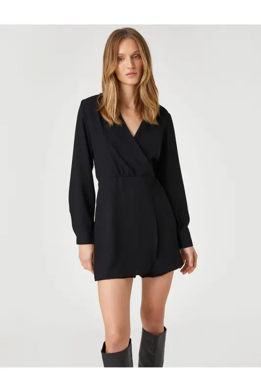 Anvelop Şortlu Tulum V Yaka Uzun Kollu-SİYAH - 2