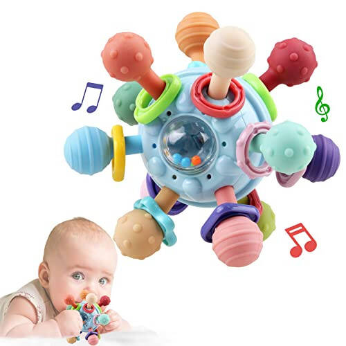 Anzimo Baby Sensory Teething Toys - Baby Teethers Montessori Toys - Gifts for Infant Newborn Boys Girls 0 3 6 9 12 18 Months 1 One Year Old - Baby Rattle Chew Toys - Toddler Educational Learning Toys - 1