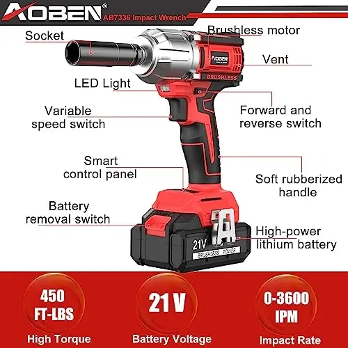 AOBEN 21V Cordless High Torque Impact Wrench 1/2 inch, Powerful Brushless Motor with Max Torque 450 ft-lb (600N.m), 4.0Ah Battery, 6 PCS Sockets (17-22mm), Fast Charger and Tool Box - 2