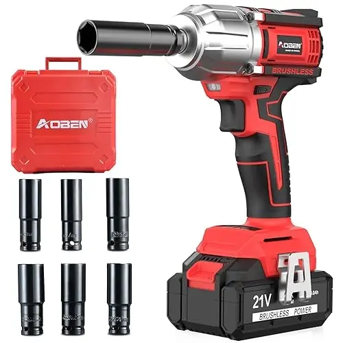AOBEN 21V Cordless High Torque Impact Wrench 1/2 inch, Powerful Brushless Motor with Max Torque 450 ft-lb (600N.m), 4.0Ah Battery, 6 PCS Sockets (17-22mm), Fast Charger and Tool Box - AOBEN