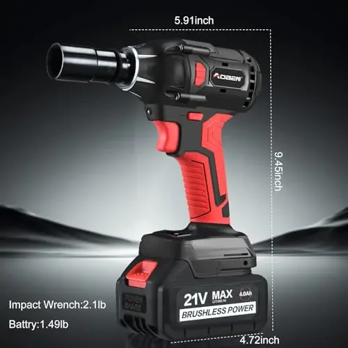 AOBEN 21V Cordless Impact Wrench, 400N.m Max Torque, 3000rpm Speed, 4.0Ah Li-ion Battery, 6Pcs Driver Sockets, Fast Charger, Tool Bag - 5