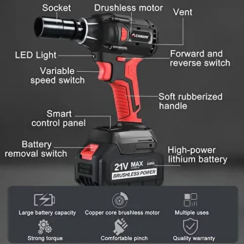 AOBEN 21V Cordless Impact Wrench Powerful Brushless Motor with 1/2