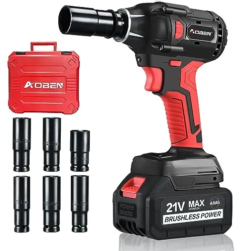 AOBEN 21V Cordless Impact Wrench, 400N.m Max Torque, 3000rpm Speed, 4.0Ah Li-ion Battery, 6Pcs Driver Sockets, Fast Charger, Tool Bag - 1