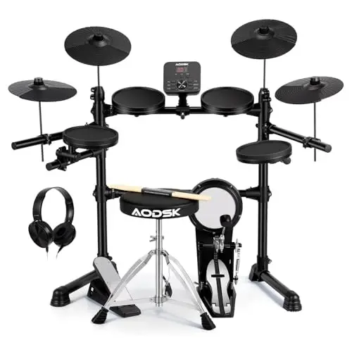 AODSK Electric Drum Set for Beginners with 241 Sounds,4 Quiet Drum Pads,2 Pedal,Throne,Sticks,Electronic Drum with Headphone,AED-400pro - 1