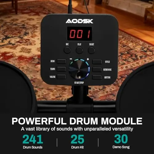AODSK Electric Drum Set for Beginners with 241 Sounds,4 Quiet Drum Pads,2 Pedal,Throne,Sticks,Electronic Drum with Headphone,AED-400pro - 2