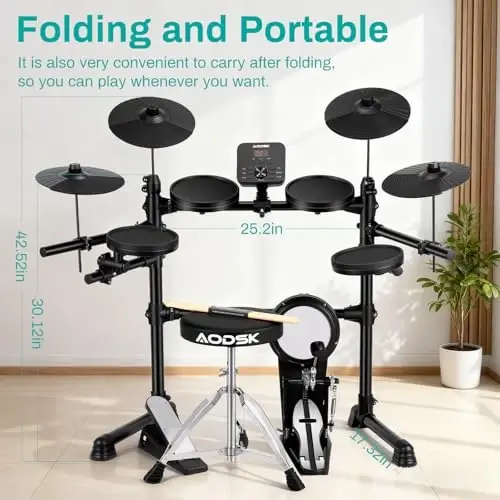 AODSK Electric Drum Set for Beginners with 241 Sounds,4 Quiet Drum Pads,2 Pedal,Throne,Sticks,Electronic Drum with Headphone,AED-400pro - 3