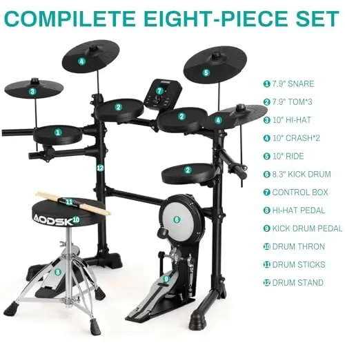 AODSK Electric Drum Set for Beginners with 241 Sounds,4 Quiet Drum Pads,2 Pedal,Throne,Sticks,Electronic Drum with Headphone,AED-400pro - 4