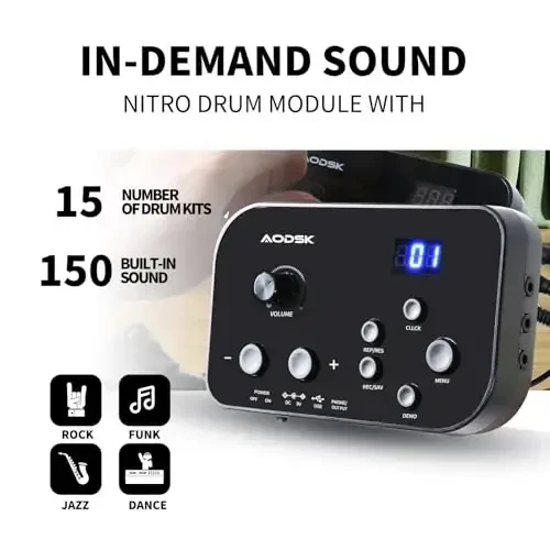 AODSK Electronic Drum Set,Electric Drum Set for Beginner with 150 Sounds,Drum Set With 4 Quiet Electric Drum Pads,2 Switch Pedal,Drum Throne,Drumsticks,On-Ear Headphones - AED-400 - 3