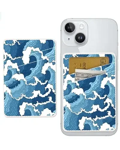 AOHRO Dual Pocket Leather Phone Wallet Adhesive Stick On, Cute Card Holder for Most Phone Cases - Blue Sea - 1