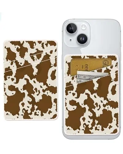 AOHRO Dual Pocket Leather Phone Wallet Adhesive Stick On, Cute Card Holder for Case, Brown Cow Print - 1