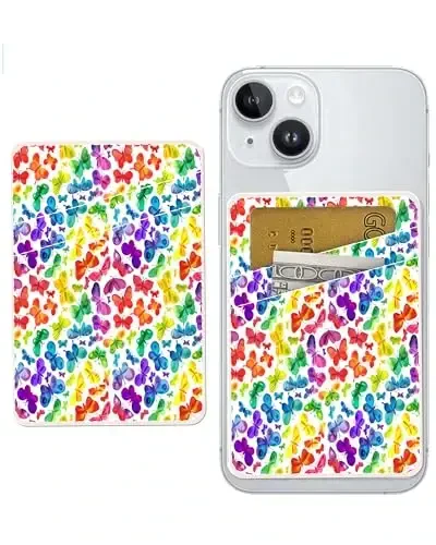 AOHRO Dual Pocket Leather Phone Wallet Adhesive Stick On, Cute Credit Card Holder for Case, Compatible with Most Phones - Cute Colorful Butterfly - 1