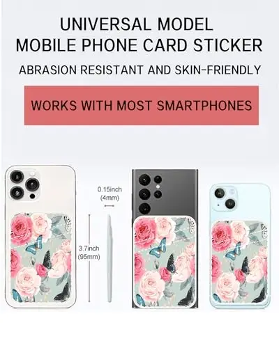 AOHRO Dual Pocket Leather Phone Wallet Adhesive Stick On, Cute Card Holder for Credit Cards, Compatible with Most Phones - Cute Rose Butterfly - 2