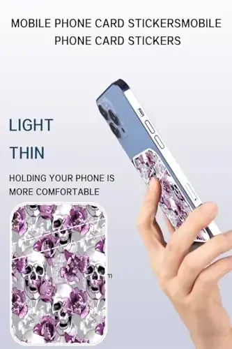 AOHRO Dual Pocket Leather Phone Wallet Adhesive Stick On, Cute & Cool Skull Flower Card Holder - 3