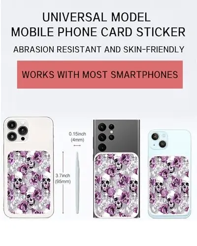 AOHRO Çift Cepli Deri Telefon Cüzdanı Yapışkanlı, Sevimli & Havalı Kafatası Çiçek Kartı Tutucu - 2