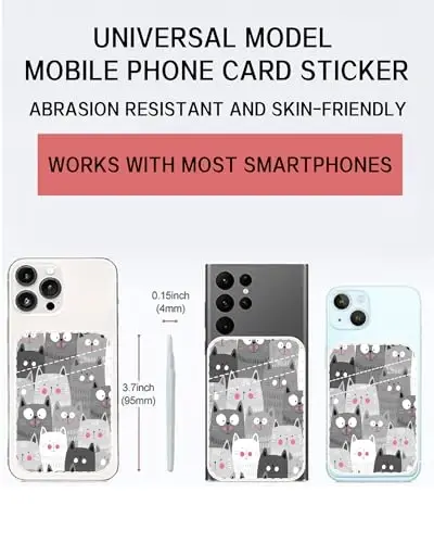 AOHRO Çift Cepli Deri Telefon Cüzdanı Yapışkanlı, Sevimli Kart Tutucu, Telefon Kılıfı için Kredi Kartı Tutucu, Gri Sevimli Kediler - 2