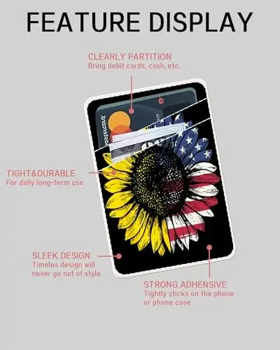 AOHRO Dual Pocket Leather Phone Wallet Adhesive Stick On, Cute Card Holder, Credit Card Holder for Case, Sunflower American Flag - 5
