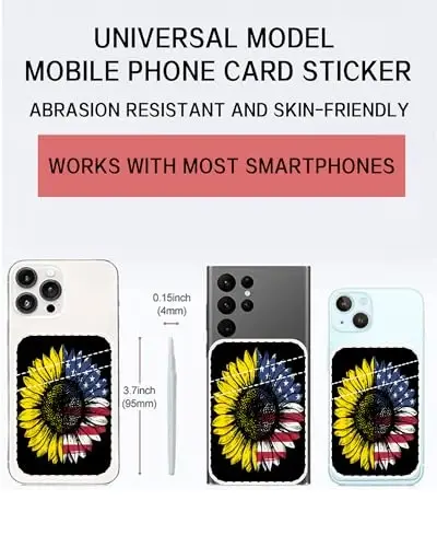 AOHRO Çift Cepli Deri Telefon Cüzdanı Yapışkanlı, Sevimli Kartlık, Kılıf için Kredi Kartı Tutucu, Ayçiçeği Amerikan Bayrağı - 2