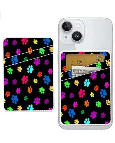 AOHRO Dual Pocket Leather Phone Wallet Adhesive Stick On, Cute Card Holder, Credit Card Holder for Case - Compatible with Most Phones, Cute Colorful Paw - AOHRO