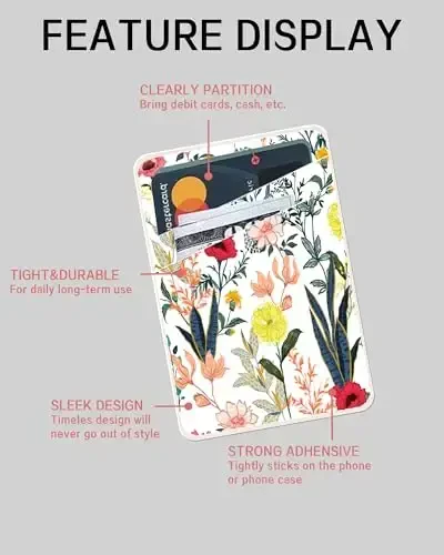 AOHRO Dual Pocket Leather Phone Wallet Adhesive Stick On, Cute Card Holder, Credit Card Holder for Phone Case, Beautiful Colorful Flowers - 5