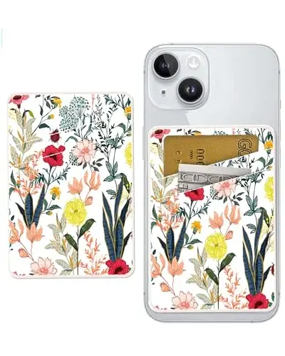 AOHRO Dual Pocket Leather Phone Wallet Adhesive Stick On, Cute Card Holder, Credit Card Holder for Phone Case, Beautiful Colorful Flowers - 1
