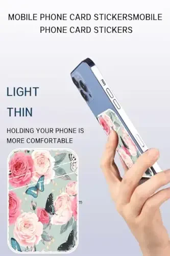AOHRO Dual Pocket Leather Phone Wallet Adhesive Stick On, Cute Card Holder for Credit Cards, Compatible with Most Phones - Cute Rose Butterfly - 3