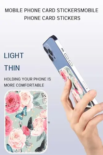 AOHRO Dual Pocket Leather Phone Wallet Adhesive Stick On, Cute Card Holder for Credit Cards, Compatible with Most Phones - Cute Rose Butterfly - 3