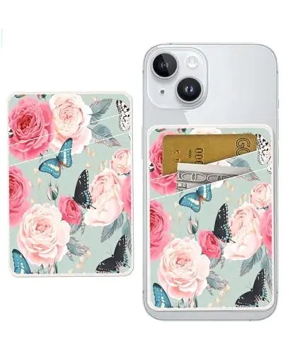 AOHRO Dual Pocket Leather Phone Wallet Adhesive Stick On, Cute Card Holder for Credit Cards, Compatible with Most Phones - Cute Rose Butterfly - 1