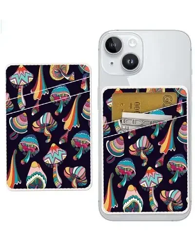 AOHRO Dual Pocket Leather Phone Wallet Adhesive Stick On, Cute Card Holder, Credit Card Holder for Case Compatible with Most Phones Boho Mushroom - 1