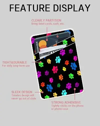 AOHRO Dual Pocket Leather Phone Wallet Adhesive Stick On, Cute Card Holder, Credit Card Holder for Case - Compatible with Most Phones, Cute Colorful Paw - 5
