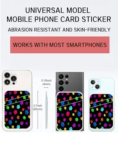 AOHRO Dual Pocket Leather Phone Wallet Adhesive Stick On, Cute Card Holder, Credit Card Holder for Case - Compatible with Most Phones, Cute Colorful Paw - 2