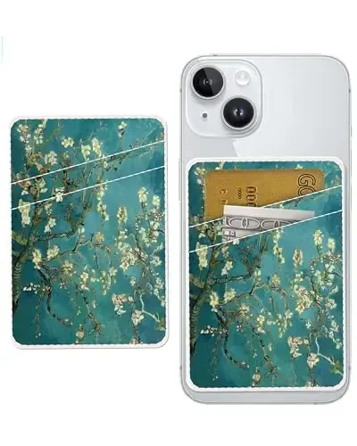 AOHRO Dual Pocket Leather Phone Wallet Adhesive Stick On, Cute Card Holder, Credit Card Holder for Case, Green Boho Tree - 1