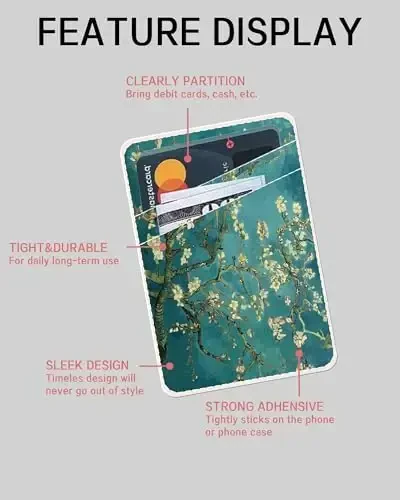 AOHRO Dual Pocket Leather Phone Wallet Adhesive Stick On, Cute Card Holder, Credit Card Holder for Case, Green Boho Tree - 5