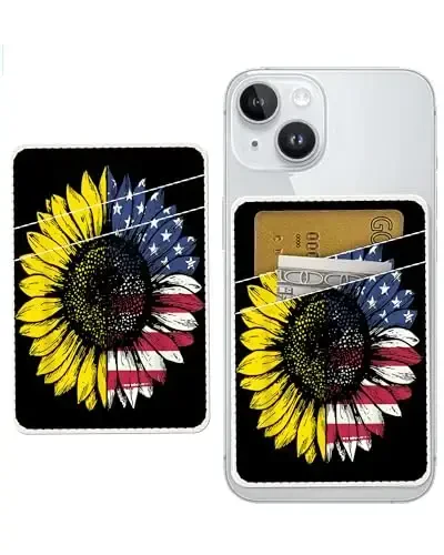 AOHRO Dual Pocket Leather Phone Wallet Adhesive Stick On, Cute Card Holder, Credit Card Holder for Case, Sunflower American Flag - AOHRO