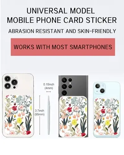 AOHRO Dual Pocket Leather Phone Wallet Adhesive Stick On, Cute Card Holder, Credit Card Holder for Phone Case, Beautiful Colorful Flowers - 2