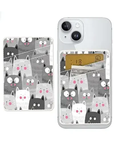 AOHRO Dual Pocket Leather Phone Wallet Adhesive Stick On, Cute Card Holder, Credit Card Holder for Phone Case, Grey Cute Cats - 1