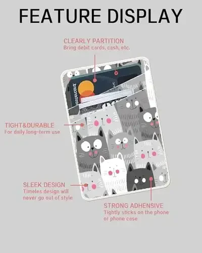 AOHRO Dual Pocket Leather Phone Wallet Adhesive Stick On, Cute Card Holder, Credit Card Holder for Phone Case, Grey Cute Cats - 5