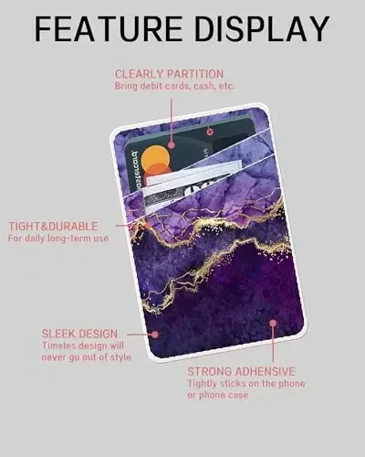 AOHRO Dual Pocket Leather Phone Wallet Adhesive Stick On, Cute Card Holder, Credit Card Holder for Phone Case, Luxury Blue Marble - 5