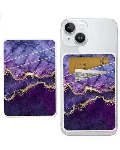 AOHRO Dual Pocket Leather Phone Wallet Adhesive Stick On, Cute Card Holder, Credit Card Holder for Phone Case, Luxury Blue Marble 