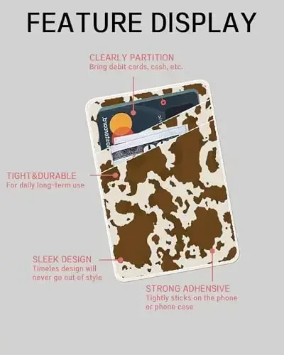 AOHRO Dual Pocket Leather Phone Wallet Adhesive Stick On, Cute Card Holder for Case, Brown Cow Print - 4