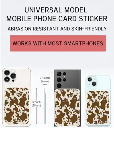 AOHRO Dual Pocket Leather Phone Wallet Adhesive Stick On, Cute Card Holder for Case, Brown Cow Print - AOHRO (1)