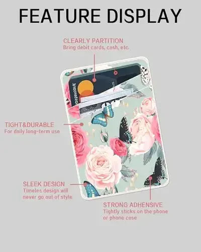 AOHRO Dual Pocket Leather Phone Wallet Adhesive Stick On, Cute Card Holder for Credit Cards, Compatible with Most Phones - Cute Rose Butterfly - 5