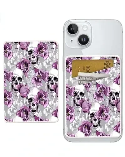 AOHRO Dual Pocket Leather Phone Wallet Adhesive Stick On, Cute & Cool Skull Flower Card Holder - AOHRO