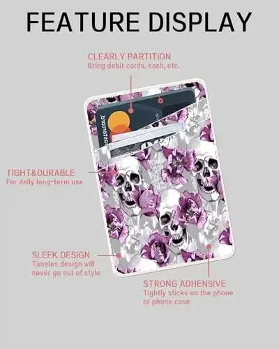 AOHRO Dual Pocket Leather Phone Wallet Adhesive Stick On, Cute & Cool Skull Flower Card Holder - 5