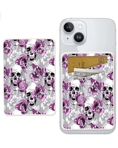 AOHRO Dual Pocket Leather Phone Wallet Adhesive Stick On, Cute & Cool Skull Flower Card Holder - AOHRO