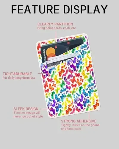 AOHRO Dual Pocket Leather Phone Wallet Adhesive Stick On, Cute Credit Card Holder for Case, Compatible with Most Phones - Cute Colorful Butterfly - 5