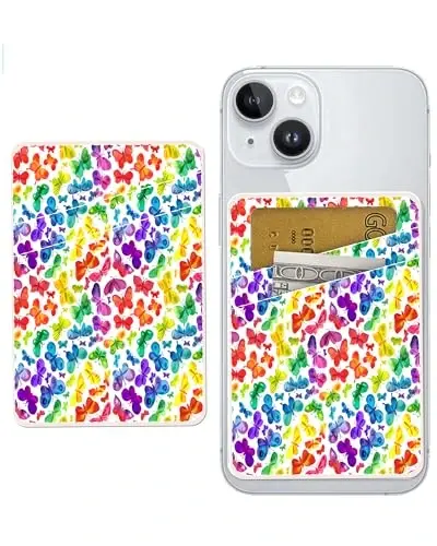 AOHRO Dual Pocket Leather Phone Wallet Adhesive Stick On, Cute Credit Card Holder for Case, Compatible with Most Phones - Cute Colorful Butterfly - 1