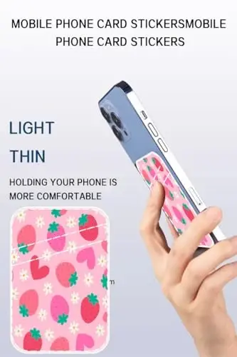 AOHRO Dual Pocket Leather Phone Wallet Adhesive Stick On, Cute Strawberry Card Holder - 3