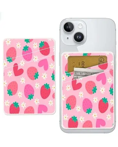 AOHRO Dual Pocket Leather Phone Wallet Adhesive Stick On, Cute Strawberry Card Holder - 1
