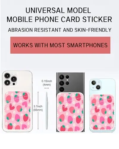 AOHRO Dual Pocket Leather Phone Wallet Adhesive Stick On, Cute Strawberry Card Holder - 2